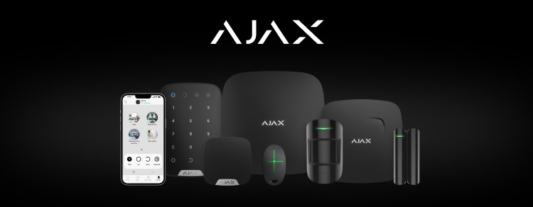 The Ajax product family — app, keypad, hub, siren, motion and door detectors
