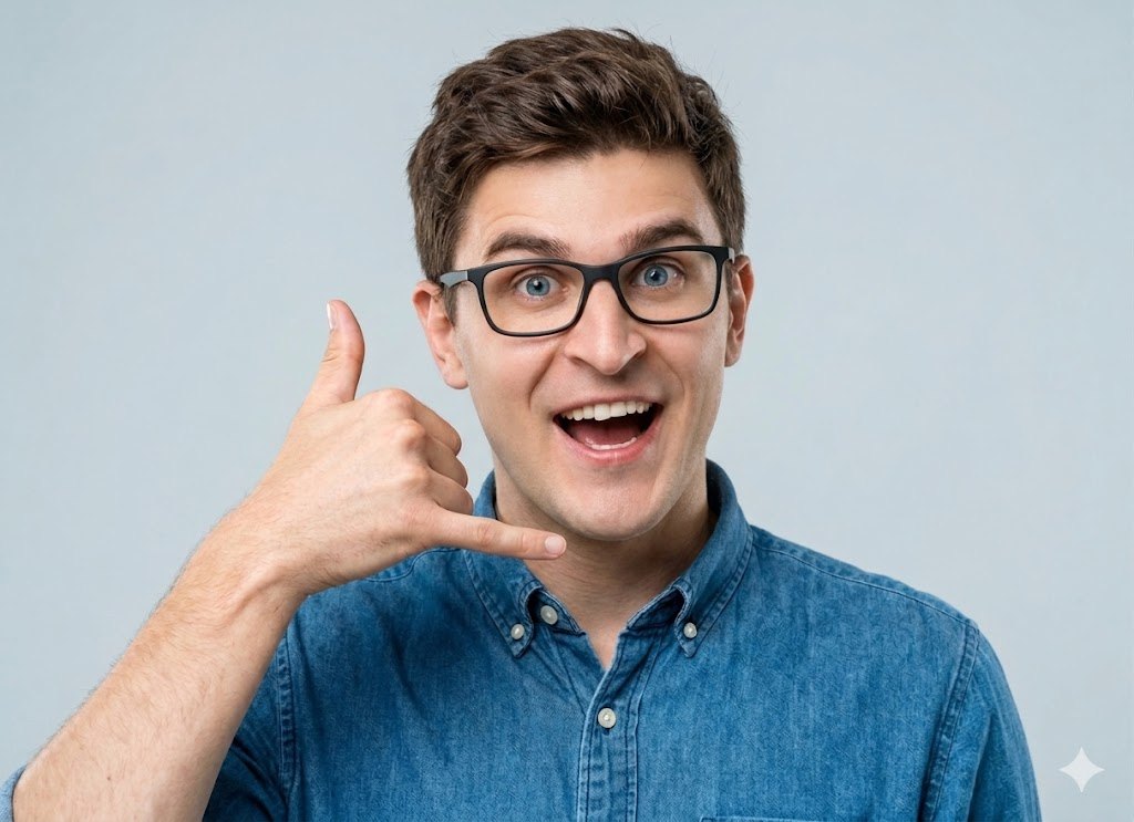 Friendly Veillance team member making the call-me gesture — give us a call